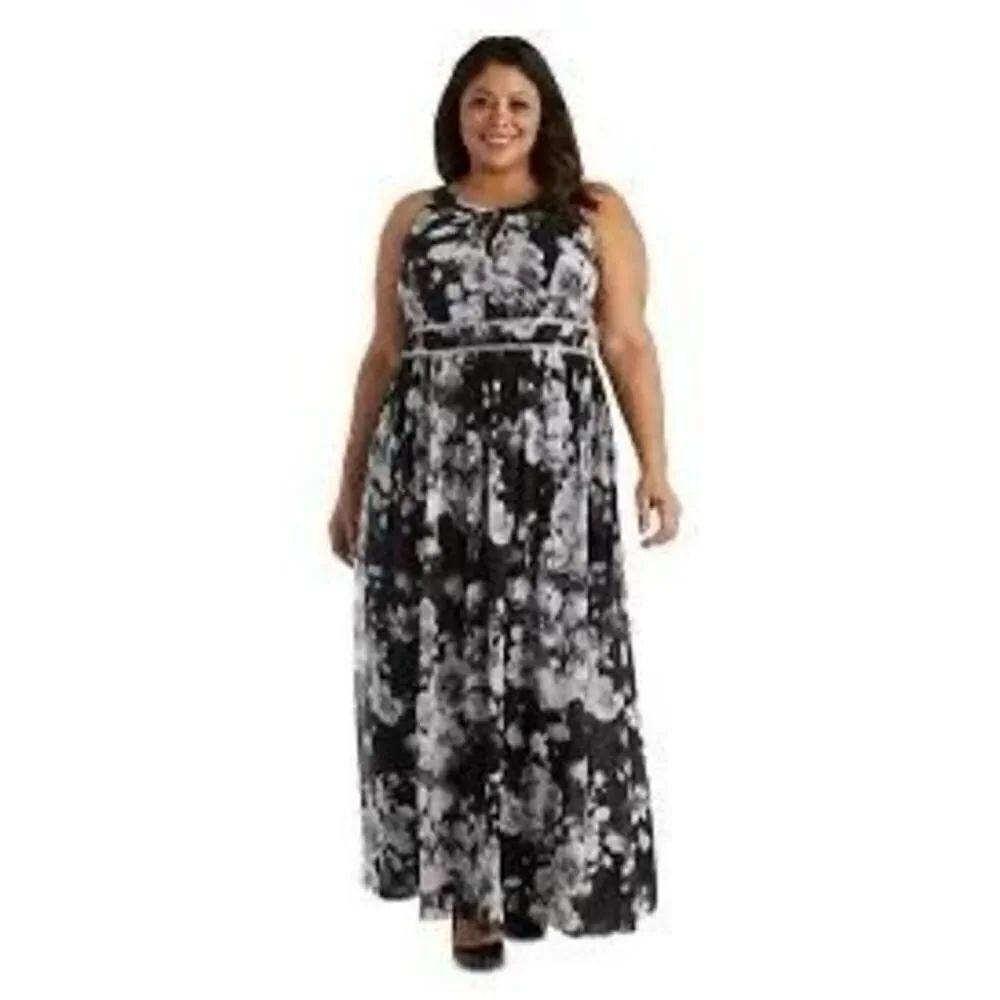 Woman Within Plus Size 3X Chiffon Halter Maxi Dress Black Blue Abstract Floral
